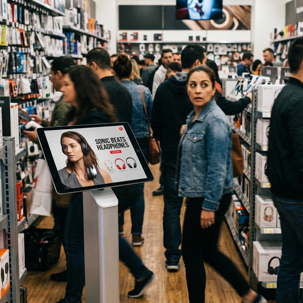 Tablet in a busy aisle